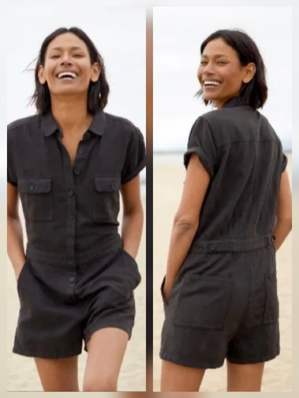 Outerknown S.E.A. Suit Shortall Black Organic Cotton Linen Romper Pockets